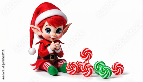 red naughty elf, mischievous, with striped candy, Christmas, felting material, on a white background