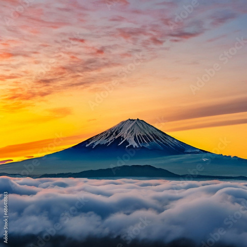 雲のかかる富士山の朝日