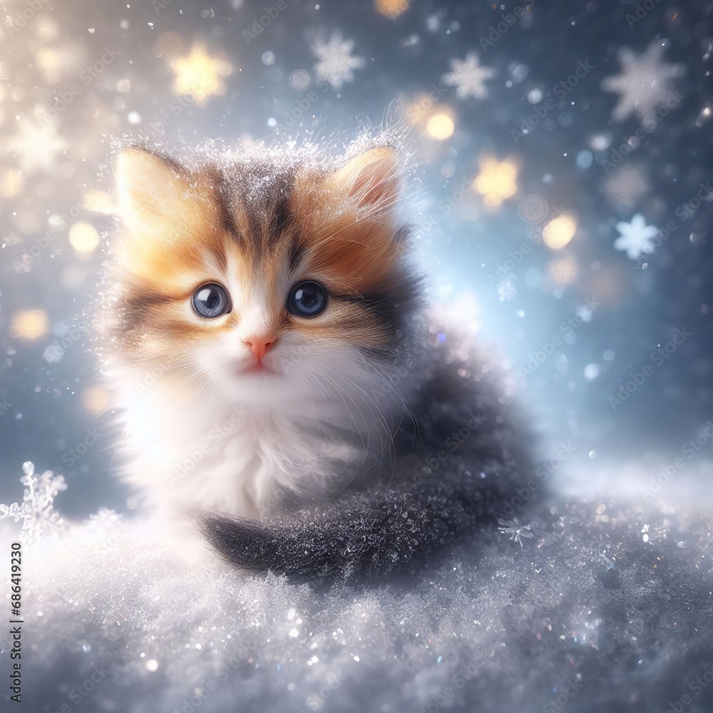 Cute little kitten on snow background with falling snowflakes. Cute little kitten on snow background with falling snowflakes.