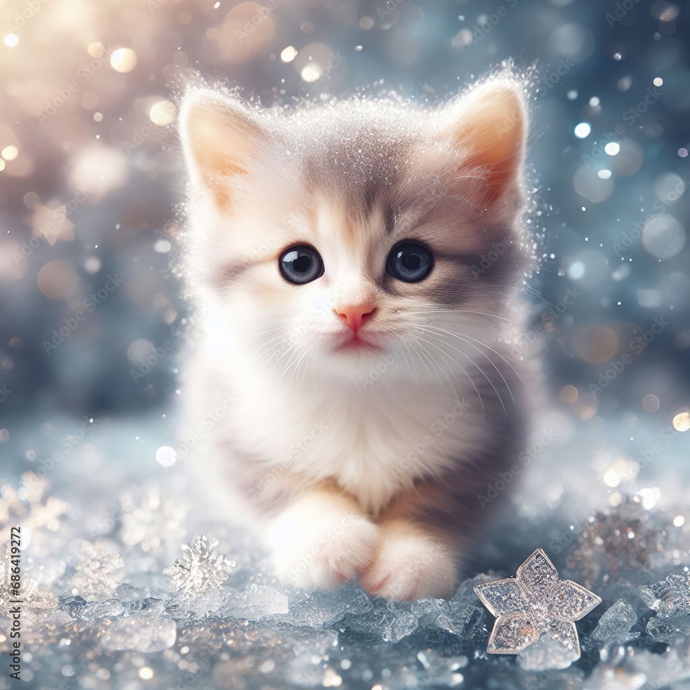 Cute little kitten with snowflakes and stars on bokeh background