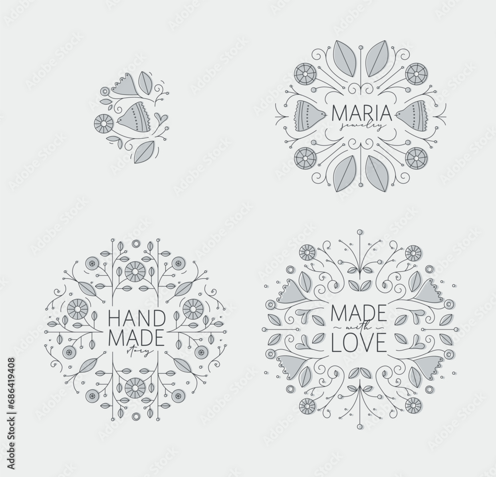 Ethnic floral labels with lettering drawing in linear style on light background