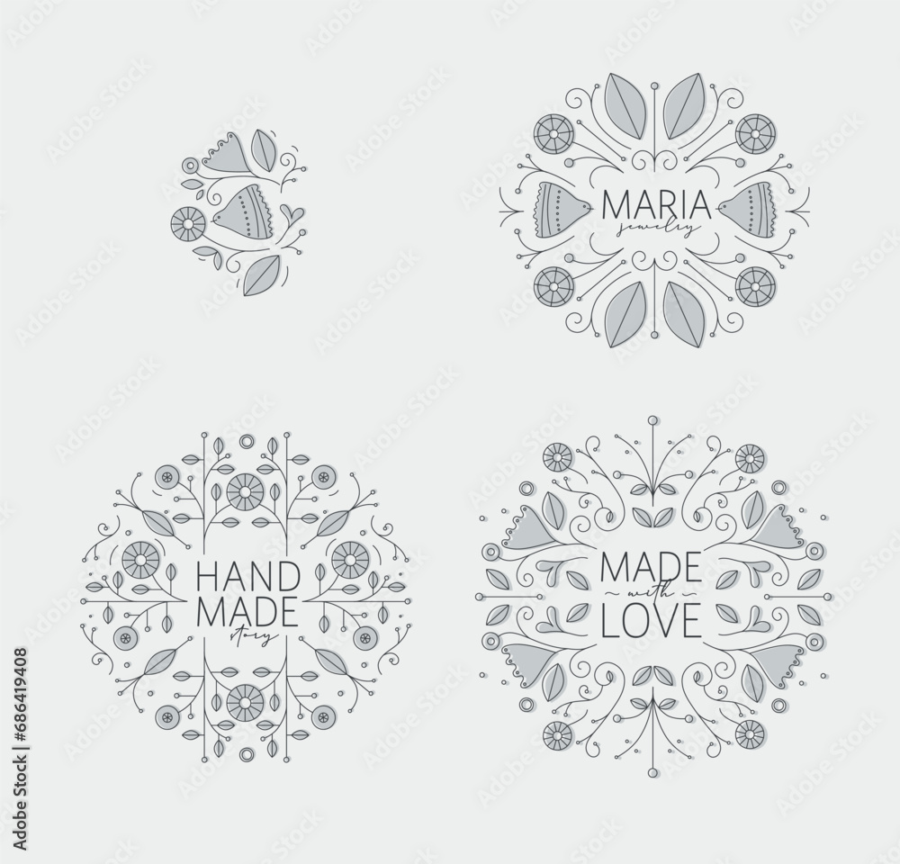 Ethnic floral labels with lettering drawing in linear style on light background Ethnic floral labels with lettering drawing in linear style on light background
