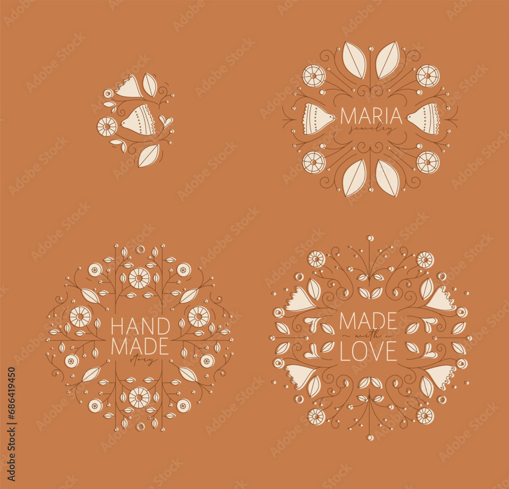 Ethnic floral labels with lettering drawing in linear style on mustard background