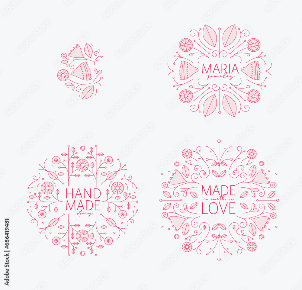 Ethnic floral labels with lettering drawing in linear style on white background