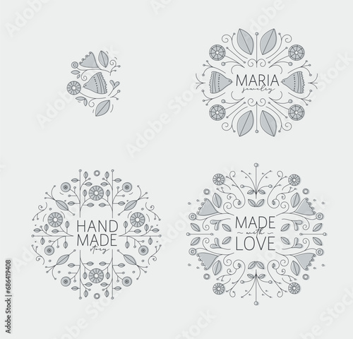 Ethnic floral labels with lettering drawing in linear style on light background