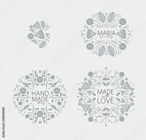 Obraz na płótnie Ethnic floral labels with lettering drawing in linear style on light background w salonie