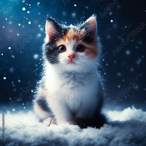 Cute kitten sitting on snow with snowflakes. Christmas card. © Denis Agati