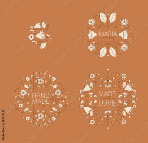 Obraz na płótnie Ethnic floral labels with lettering drawing in linear style on mustard background w salonie