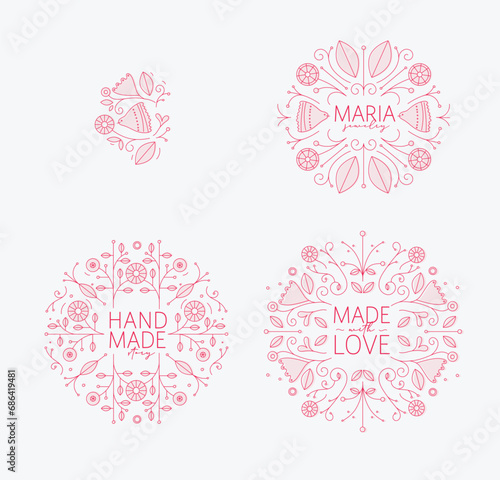 Obraz na płótnie Ethnic floral labels with lettering drawing in linear style on white background w salonie