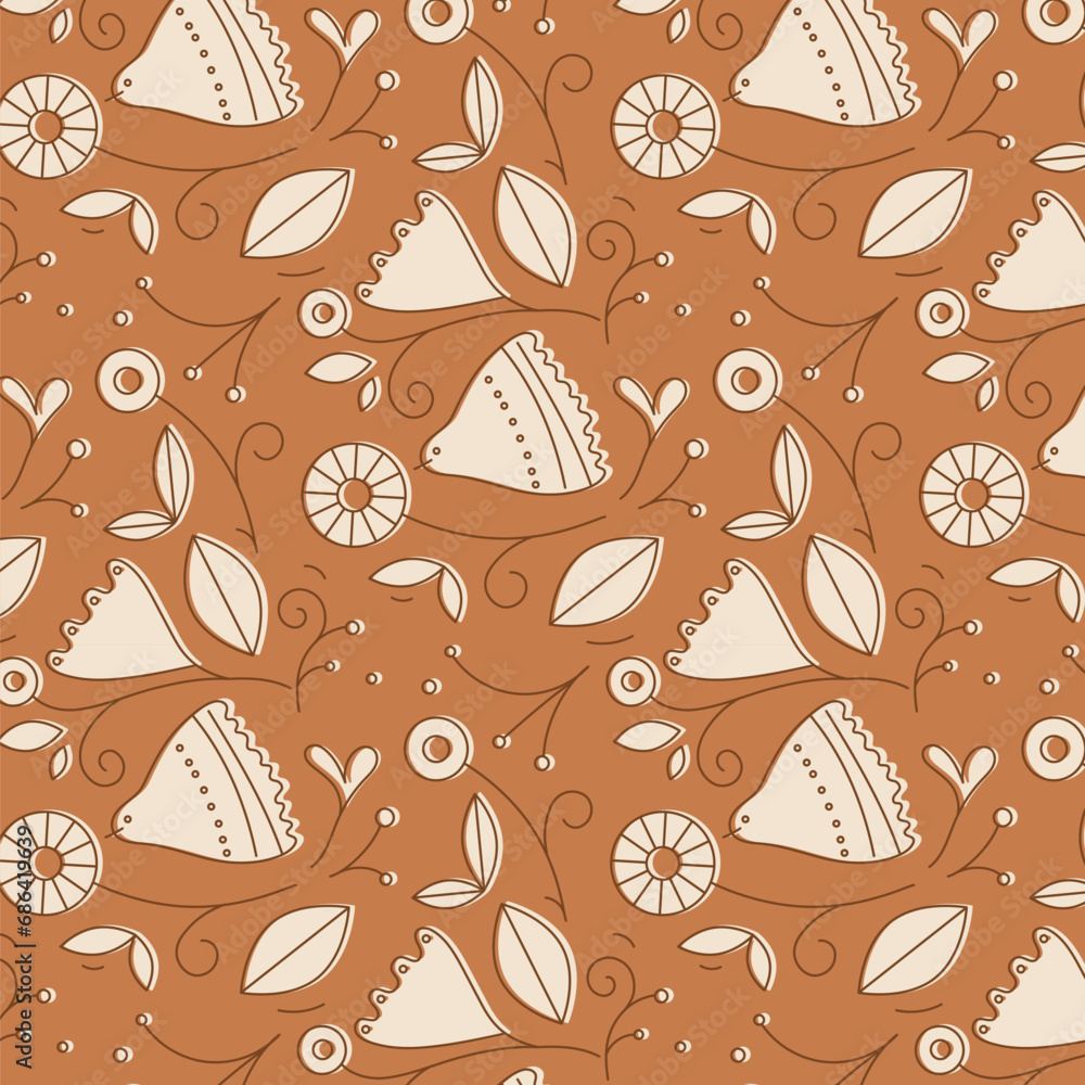 Ethnic floral and bird pattern drawing in linear style on mustard background