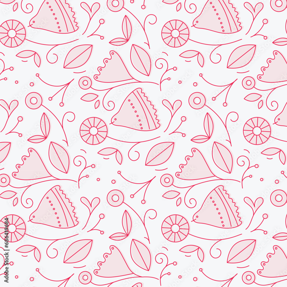 Ethnic floral and bird pattern drawing in linear style on white background