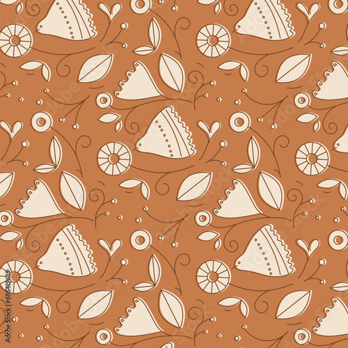 Obraz na płótnie Ethnic floral and bird pattern drawing in linear style on mustard background w salonie