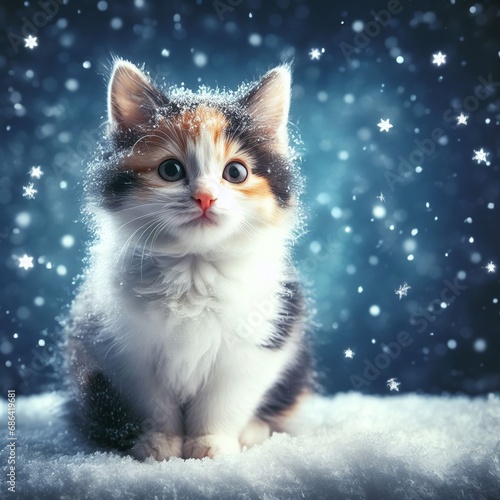 Cute kitten sitting on snow with snowflakes on background.