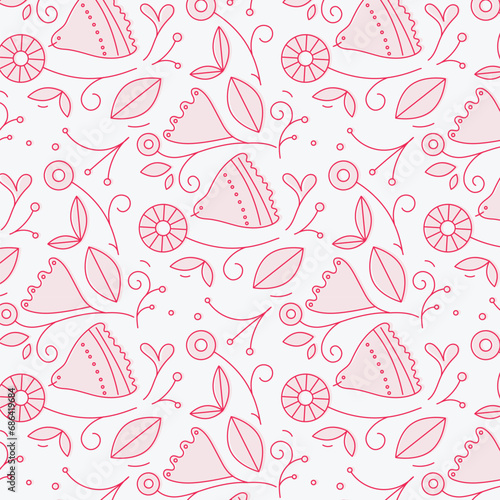 Obraz na płótnie Ethnic floral and bird pattern drawing in linear style on white background w salonie