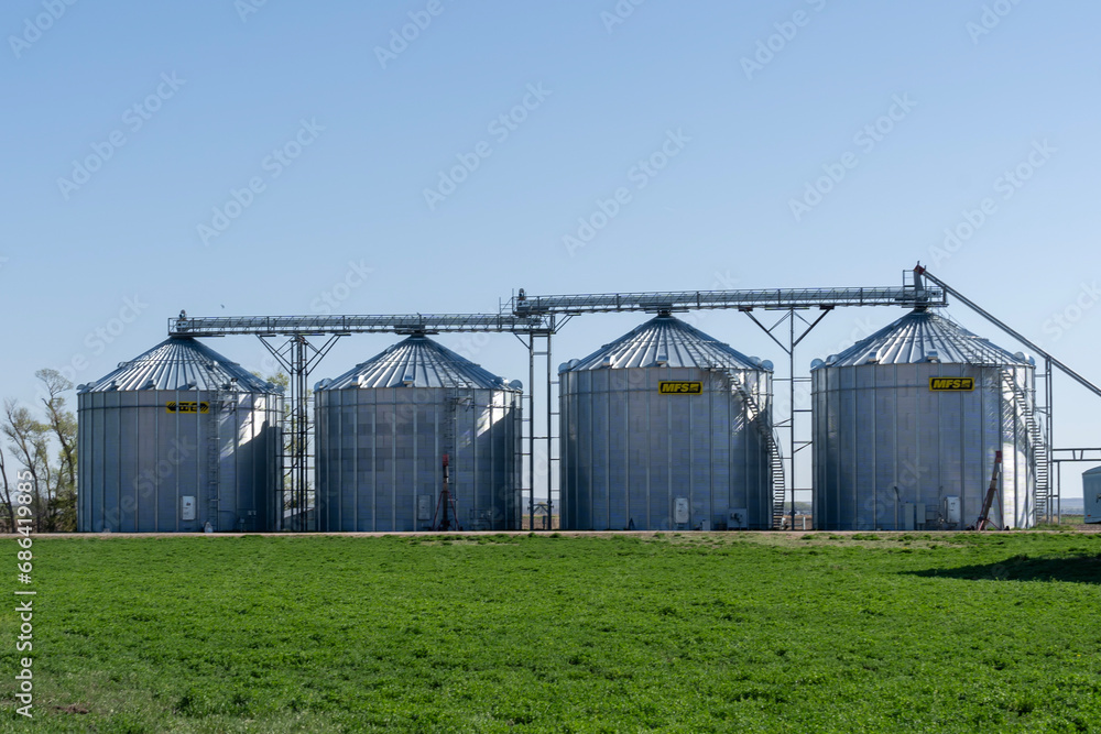 MFS grain bins in a farm in Nebraska, USA, on May 8, 2023. AGI MFS is a worldwide leader in the
