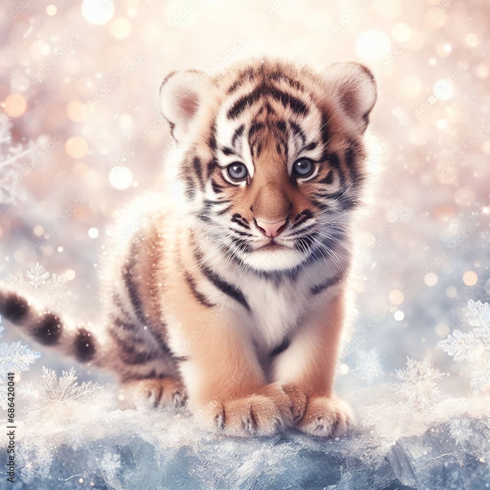 Obraz premium Cute little tiger cub sitting on snowy background with snowflakes