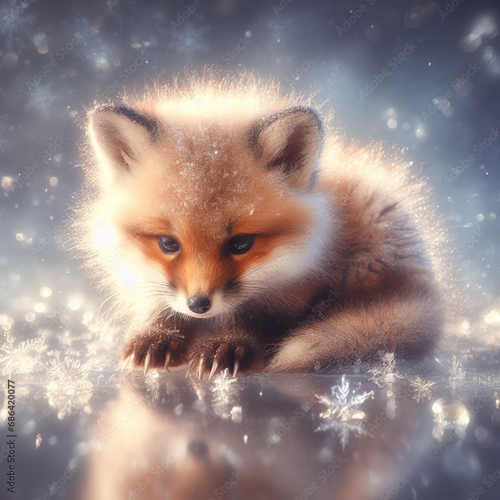 Cute little fox on a winter background with snowflakes. Cute little fox on a winter background with snowflakes.