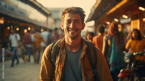 happy adult man, caucasian, 30s, traveling as backpacker with backpack, happy smiling, tourist in india or indonesia, fictional location, everyday life with locals, excited © wetzkaz