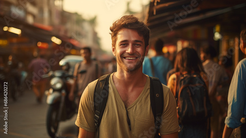 happy adult man, caucasian, 30s, traveling as backpacker with backpack, happy smiling, tourist in india or indonesia, fictional location, everyday life with locals, excited photo