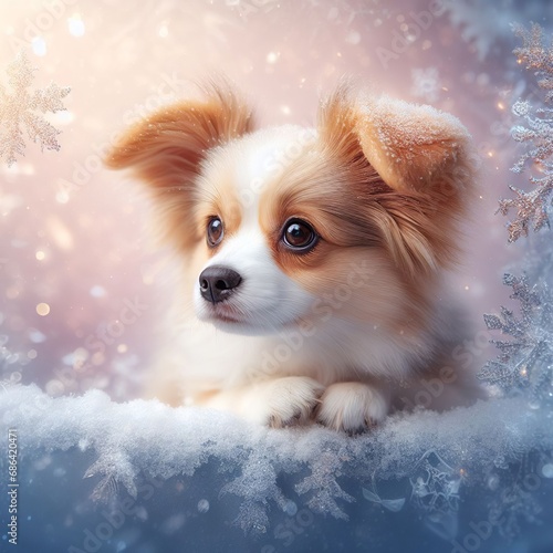 Cute puppy on a background of snowflakes. Christmas background. © Denis Agati