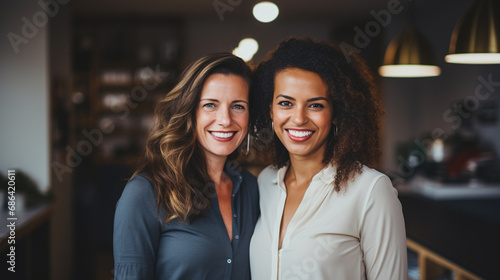 two happy colleagues or friends or group or team, women 30 years old or 40, intercultural multiracial and caucasian, smiling in a good mood, in the office, group photo photo