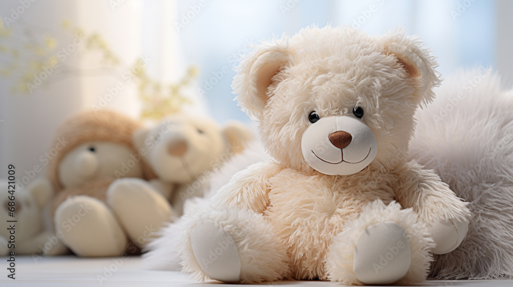 a cute teddy bear, white, smiling, cute small on sofa couch, sitting, teddy sits a cute teddy bear, white, smiling, cute small on sofa couch, sitting, teddy sits