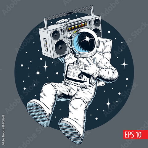 Astronaut holding ghetto blaster cassette player or boombox in the outer space and listing music. Space dj beat party vintage comic style vector illustration