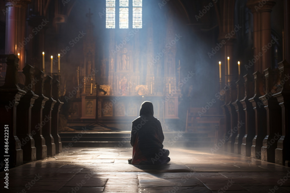 A person sitting on the floor in a church praying A person sitting on the floor in a church praying