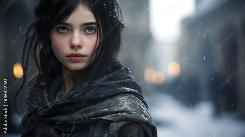 A young girl with black hair and green eyes standing in the rain with a scarf around her neck A young girl with black hair and green eyes standing in the rain with a scarf around her neck
