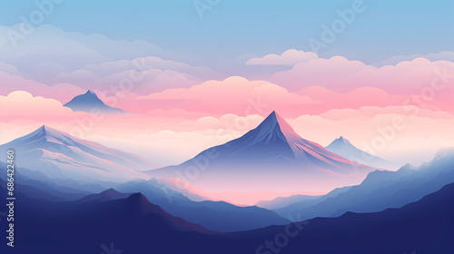 A painting of a mountain range with pink clouds