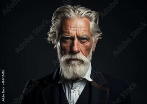 An old man portrait wearing a suit and white shirt with white hair and a beard