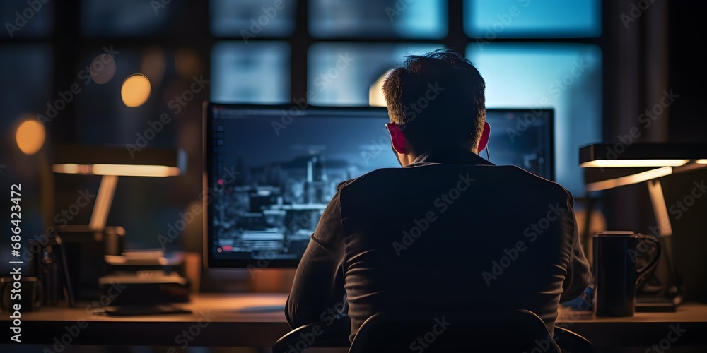 Back view of a man working on a computer in the evening office with out of focus blurred bokeh background - Generative ai Back view of a man working on a computer in the evening office with out of focus blurred bokeh background - Generative ai