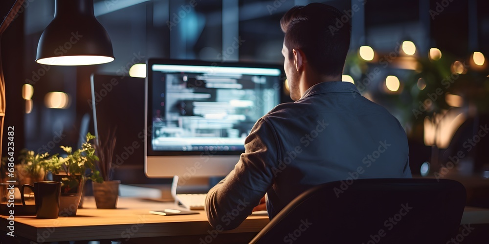 Back view of a man working on a computer in the evening office with out of focus blurred bokeh background - Generative ai Back view of a man working on a computer in the evening office with out of focus blurred bokeh background - Generative ai