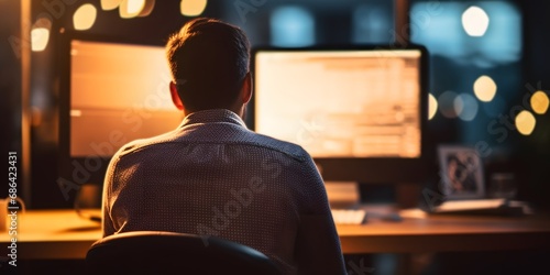 Back view of a man working on a computer in the evening office with out of focus blurred bokeh background - Generative ai