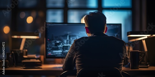 Back view of a man working on a computer in the evening office with out of focus blurred bokeh background - Generative ai