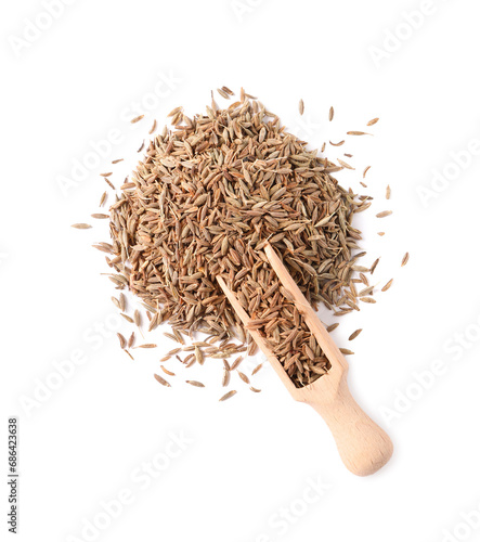 Scoop of aromatic caraway (Persian cumin) seeds isolated on white, top view