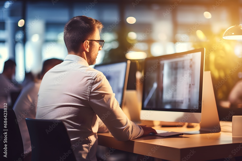 Back view of a man working on a computer in the evening office with out of focus blurred bokeh background - Generative ai Back view of a man working on a computer in the evening office with out of focus blurred bokeh background - Generative ai
