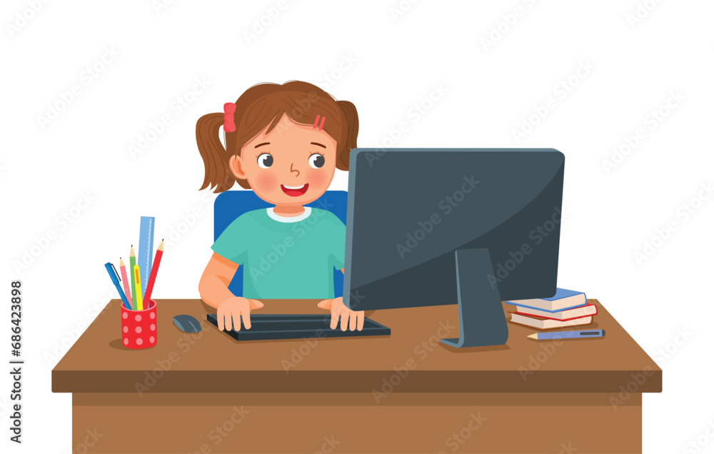 Cute little girl student study using Computer PC at the desk Cute little girl student study using Computer PC at the desk