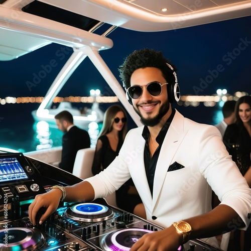 Disc jockey con su mesa de mezclas poniendo musica en una fiesta en un barco 