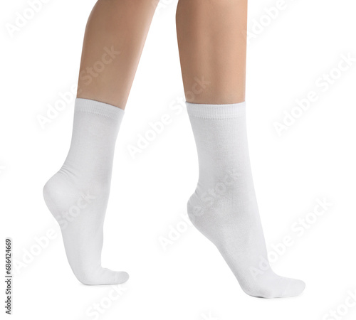 Woman in stylish socks on white background, closeup