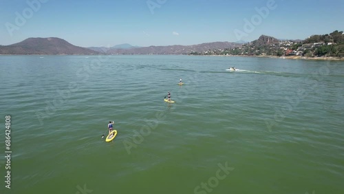 Aerial view of paddle boarders on Lake Avandaro in Mexico
 photo