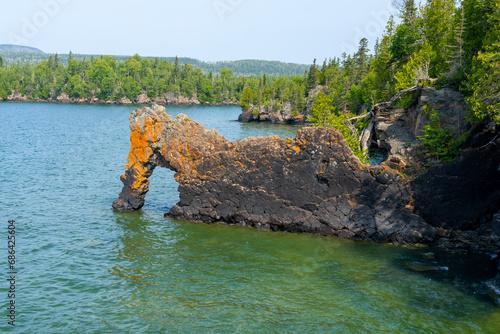 The Sea Lion rock is found in Sleeping Giant Provincial Park near  Thunder Bay, Ontario, Canada. The Sea Lion is a sedimentary rock formation that projects 49 feet (15m) into Lake Superior. photo
