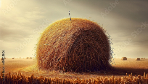An image of a large haystack with a tiny needle partially sticking out - Generative AI photo