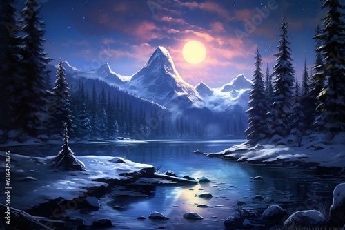 Vászonkép Stunning snowy mountain scenery with nighttime riverside view