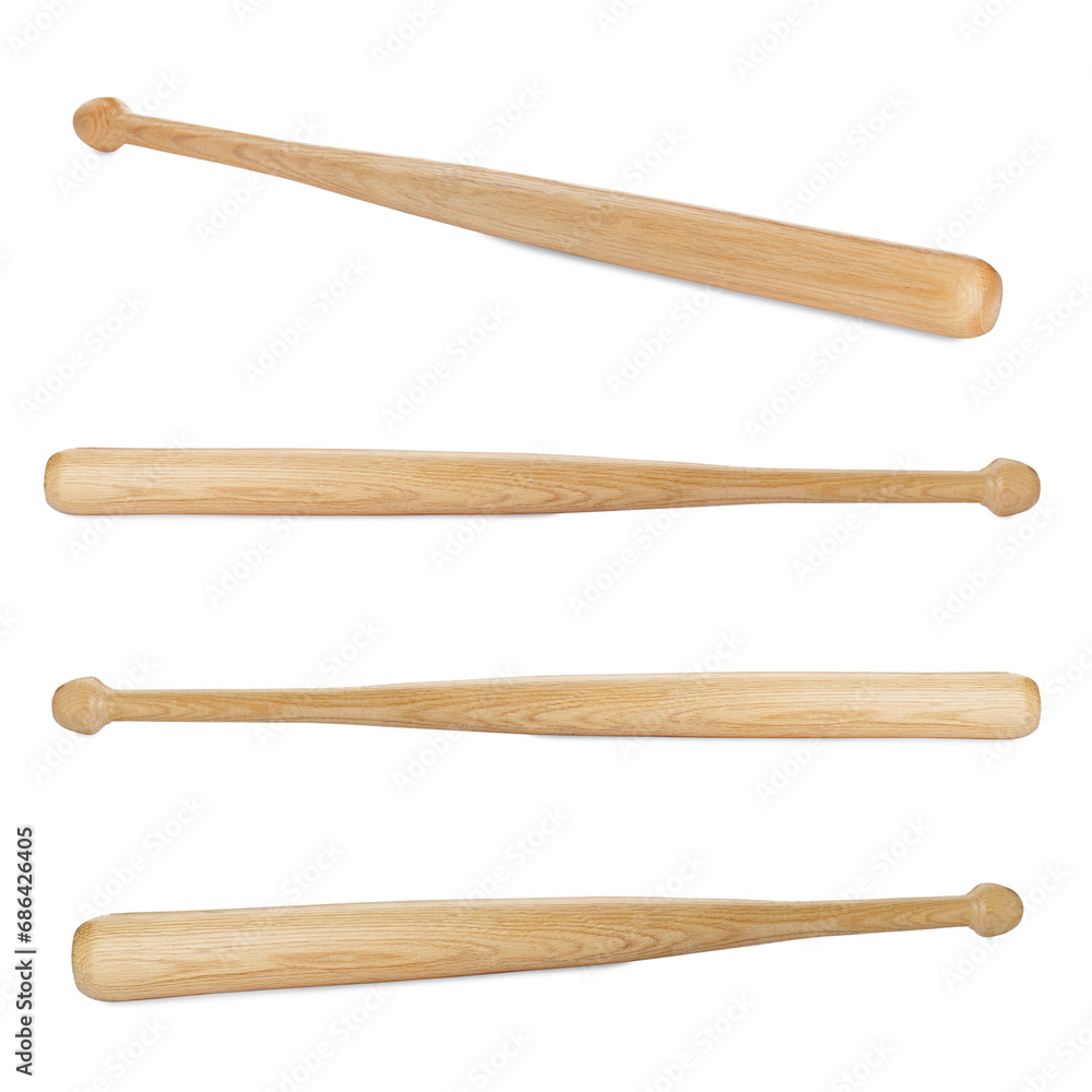 Many different wooden baseball bats isolated on white, set Many different wooden baseball bats isolated on white, set
