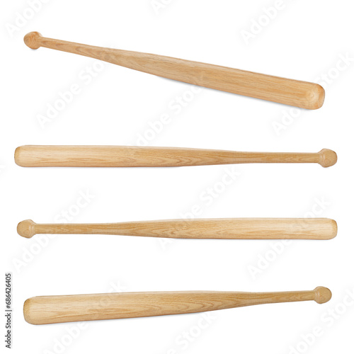 Many different wooden baseball bats isolated on white, set