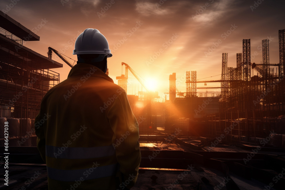 The backside shot of a male labor worker standing on the top of the building's scaffolding construction to check projects at the worksite at the sunset time. Generative AI. The backside shot of a male labor worker standing on the top of the building's scaffolding construction to check projects at the worksite at the sunset time. Generative AI.