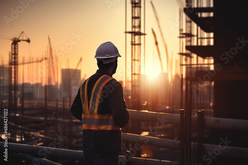 The backside shot of a male labor worker standing on the top of the building s scaffolding construction to check projects at the worksite at the sunset time. Generative AI.