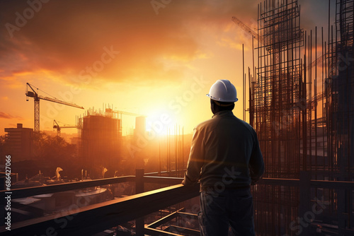 The backside shot of a male labor worker standing on the top of the building's scaffolding construction to check projects at the worksite at the sunset time. Generative AI.