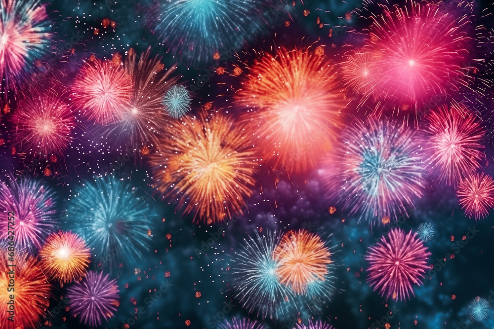 Fototapeta premium Multi-colored bright fireworks against sky, texture and background.